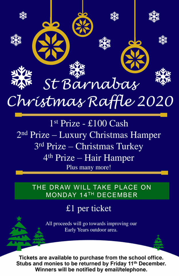 Poster advertising St Barnabas CEVC Primary School's Christmas Raffle